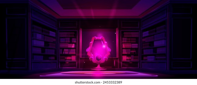 Magic mirror in library room. Fairy tale game interior background with bookcase and pink fantasy portal design. Mystery hall with literature on wooden shelf. Classic archive building with teleport