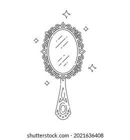 Magic mirror line vector illustration. Linear style. Black monochrome design isolated on white background. Magic, witchcraft tools.