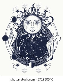 Magic mirror tattoo art. Antique sun, fortune teller hands, lunar phases. Symbol of magic, mystery, esoterics t-shirt design 