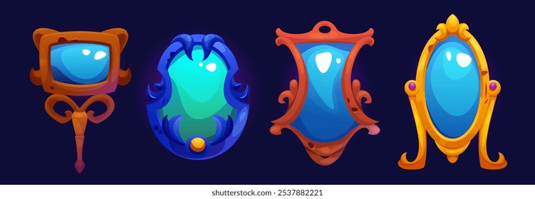 Espejo mágico con marco vintage ui juego de dibujos animados Vector. Objeto decorativo antiguo de fantasía. Activo accesorio de maquillaje medieval. Hermoso portal encantado para halloween. Diseño aislado real adornado