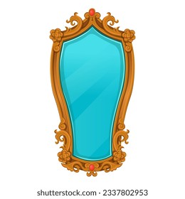 magic mirror in a vintage golden frame with red stones. Cartoon vector illustration