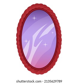 A magic mirror in a wooden frame. Isolated vector object for the game. Cartoon illustration.