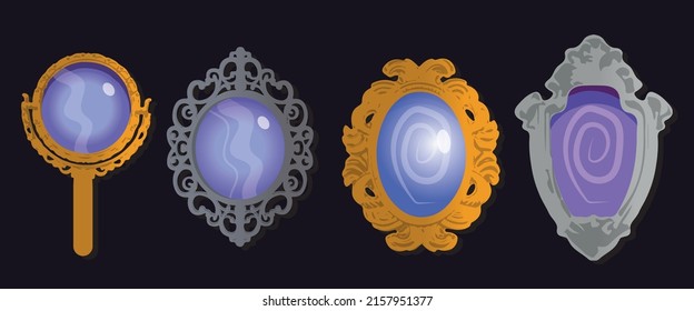 Magic mirrors in golden and silver frame. Vector cartoon set of fairytale mirrors, gui elements for game about witch, witchcraft or wizard isolated on black background.