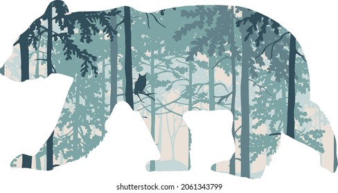 Magic misty forest in silhouette of bear. Trees, owl on branch. Blue wild landscape illustration. Animal isolated on white background. 