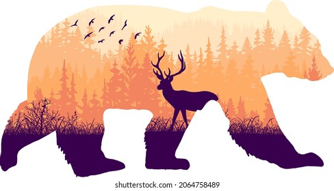 Magic misty forest in silhouette of bear. Trees, deer on meadow in grass, birds. Pink and orange wild landscape illustration. Animal isolated on white background.