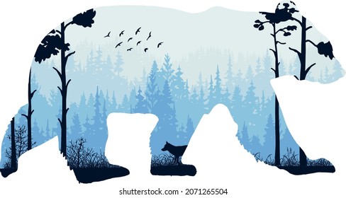 Magic misty forest in silhouette of bear. Trees,fox on meadow in grass, birds. Blue and black wild landscape illustration. Animal isolated on white background.