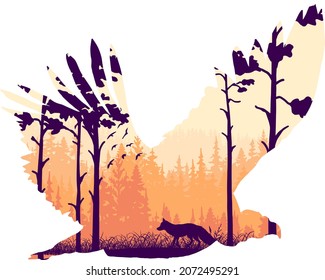 Magic misty forest in silhouette of vulture predator. Trees,fox on meadow in grass, birds. Orange and violet wild landscape illustration. Bird of prey isolated on white background.