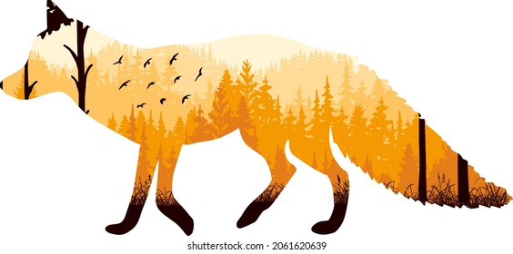 Magic misty landscape in silhouette of fox. Trees, grass, birds. Orange wildlife landscape illustration. Animal isolated on white background. 