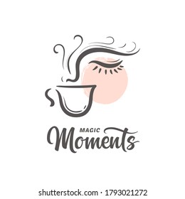 Magic moments, woman face with cup of morning coffee vector illustration.