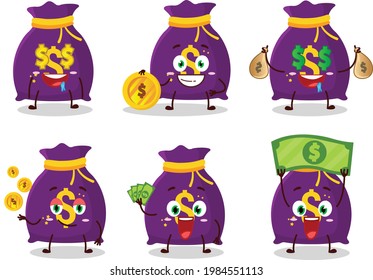 Magic money sack cartoon character with cute emoticon bring money