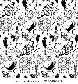 Magic monochrome seamless background with silhouette of mystery celestial sings and Witchcraft symbols. Esoteric aesthetics.Backdrop or wallpaper for yoga, tarot, spiritual black and wight concept.