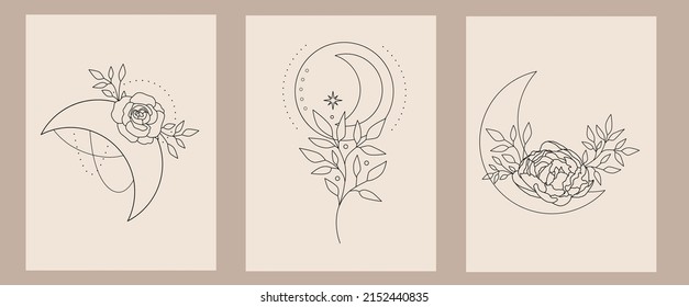 Magic moon in boho style. Hand drawn floral moon illustration. Moon decorated with flowers. Sketch style. Celestial elements