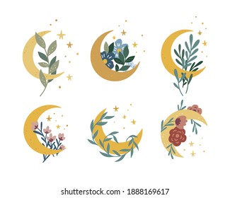 Magic moon collection. Vector moon and stars boho set. Celestial graphic elements with flowers and plants