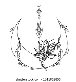 Magic moon composition hand drawn vintage style design element. Alchemy, spirituality, occultism art. Vector illustration
