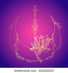 Magic moon composition hand drawn vintage style design element. Alchemy, spirituality, occultism art. Vector illustration