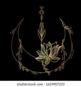 Magic moon composition hand drawn vintage style design element. Alchemy, spirituality, occultism art. Vector illustration