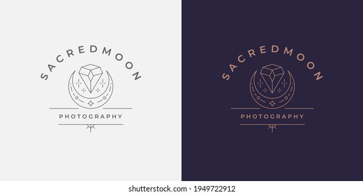 Zaubermond-Halbmond mit Diamant-Logo-Emblem Design-Vorlage Vektorgrafik in minimalem Linien-Art-Stil. Lineare mystische Silhouette für esoterische Logotypen oder Schmuckmarkeninsignien
