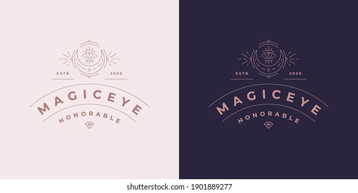 Magic moon crescent with eye logo emblem design template vector illustration in minimal line art style. Linear mystic vision silhouette for esoteric logotype or witchcraft brand insignia