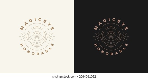 Magic moon crescent with eye logo emblem design template vector illustration in minimal line art style. Linear mystic vision silhouette for esoteric logotype or witchcraft brand insignia