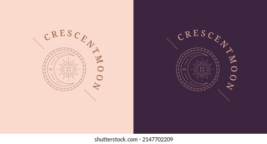Zaubermond-Halbmond und Logo-Emblem Design Vorlage Vektorgrafik in minimalem Linien-Art-Stil. Lineare mystische Silhouette für Astrologie-Logotypen oder esoterische Markeninsignien