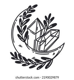 Magic moon crystal vector icon. Quartz, flowers, crescent. Celestial moonstone isolated on white. Black outline, sketch. Vintage clipart for logo, web, boho, cosmetics, cards, prints, posters
