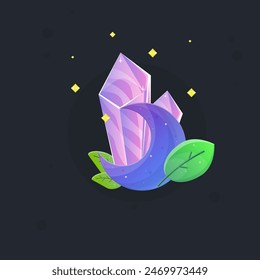 Magic Moon Glänzend Blau Lila Spiel Icon Abzeichen mit grünen Zweigen Rosa Lila Kristall und Sterne Isolated Vektorgrafik Design