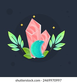 Magic Moon  Glossy  Turquoise Game Icon Badge With Green Branches And Stars Orange Crystal Isolated Vector Design