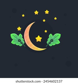 Insignia Del Icono Del Juego Amarillo Brillante De La Luna Mágica Con Las Ramas Verdes Y Las Estrellas Aisladas Del Diseño Del Vector