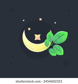Magic Moon Glossy Yellow Game Icon Badge With Green Branches And Stars Isolated Vector Design