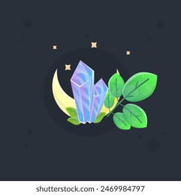Insignia Del Icono Del Juego Amarillo Brillante De La Luna Mágica Con Las Ramas Verdes Cristal Azul Y Las Estrellas Diseño Aislado Del Vector