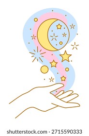 Magic moon in hand. Palm hold or give celestial body. Line art style.