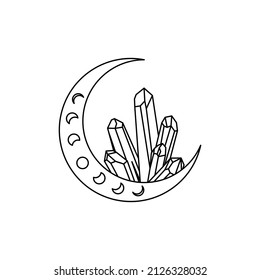 Magic moon with healing crystal in trendy boho line style. Outline alchemy symbol for branding or logo for cosmetics or beauty products. Esoteric and mystical design element. Vector illustration