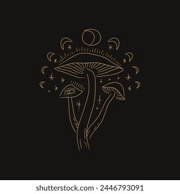 Magic moon mushrooms silhouette engraving style. Boho mystic celestial witch fungi. Psychedelic black-gold vector illustration isolated on black background. Mystic line tiny bohemian 60s hippie art