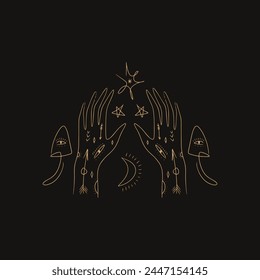 Magic moon mushrooms silhouette engraving style. Boho mystic celestial witch fungi. Psychedelic black-gold vector illustration isolated on black background. Mystic line tiny bohemian 60s hippie art