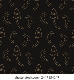 Magic moon mushrooms silhouette seamless pattern. Boho mystic celestial witch fungi. Psychedelic black-gold vector illustration isolated on black background. Mystic line tiny bohemian 60s hippie art