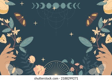 Magic moon night garden with insect moths flowers and plants