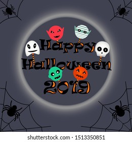 Magic moon in the night sky, bat Halloween 2019, vector illustration