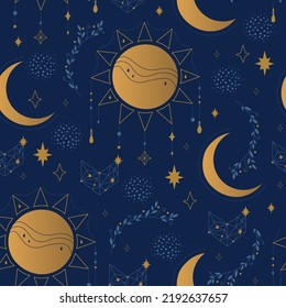 Magic moon pattern with cosmic and mystical symbols. Set of mystical patterns with lunar symbols, cosmic elements and graceful shapes. Ideal for decoration, textiles, covers, cases and more