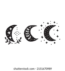 Magic moon phase in boho style. Black and white linocut isolated. svg