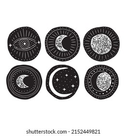 Magic moon phase in boho style. Black and white linocut isolated. svg