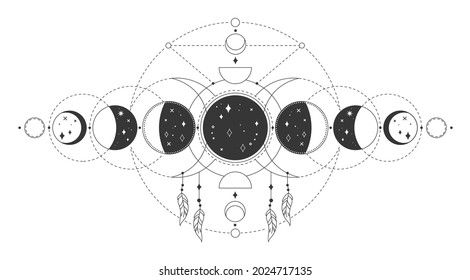 Fases de luna mágica, fase lunar sagrada mística. Dibujo ocultado de tatuajes astrológicos con elementos geométricos esotéricos ilustrados vectoriales. Signo de tatuaje dibujado a mano de la actividad de la luna