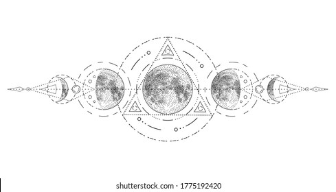 Magic moon with sacred geometry tattoo design. Phases of the moon, vector illustration