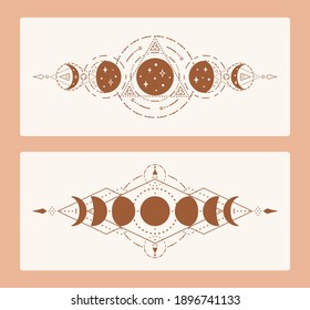 Magic moon with sacred geometry tattoo design. Monochrome boho vector illustration