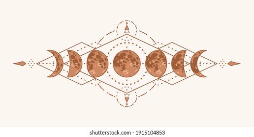 Magic Moon With Sacred Geometry Tattoo Design. Monochrome Boho Vector Illustration