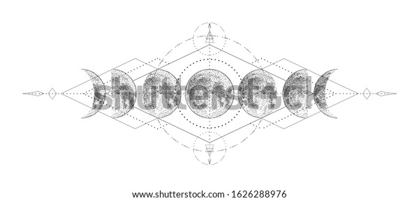 Magic\
moon with sacred geometry tattoo design. Monochrome hand drawn\
vector illustration, isolated on white\
background