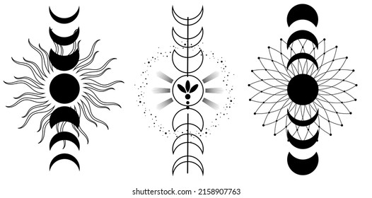 Magic moon set. Moon phases. Ezlteric talisman. Vector graphics. Outline of the moon with flowers.