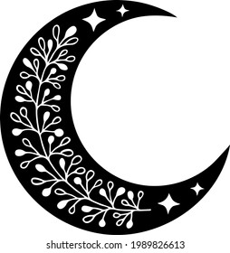 Magic moon with stars and flowers on white background.