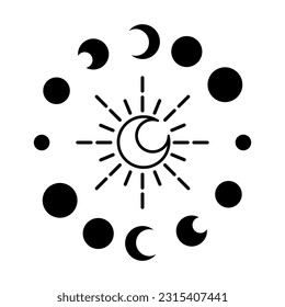 Magic moon and stars icon. Graphic elements for astrology. Boho witch and magic symbol. Black goth moon illustration isolated on white background. Vector EPS 10