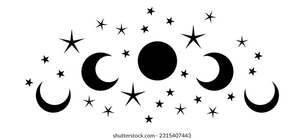 Magic moon and stars icon. Graphic elements for astrology. Boho witch and magic symbol. Black goth moon illustration isolated on white background. Vector EPS 10