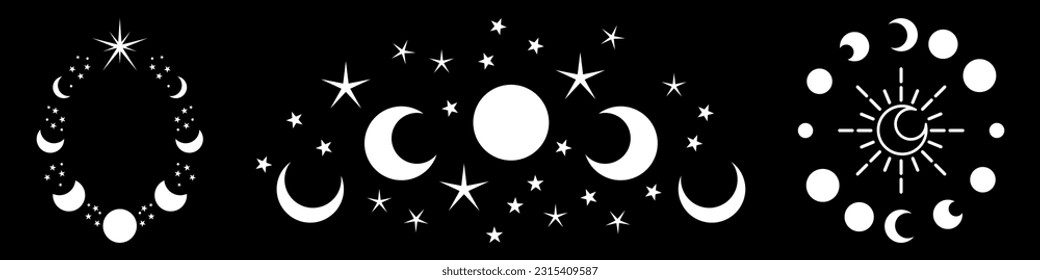 Magic moon and stars icon. Graphic elements for astrology. Boho witch and magic symbol. White goth moon illustration isolated on black background. Vector EPS 10